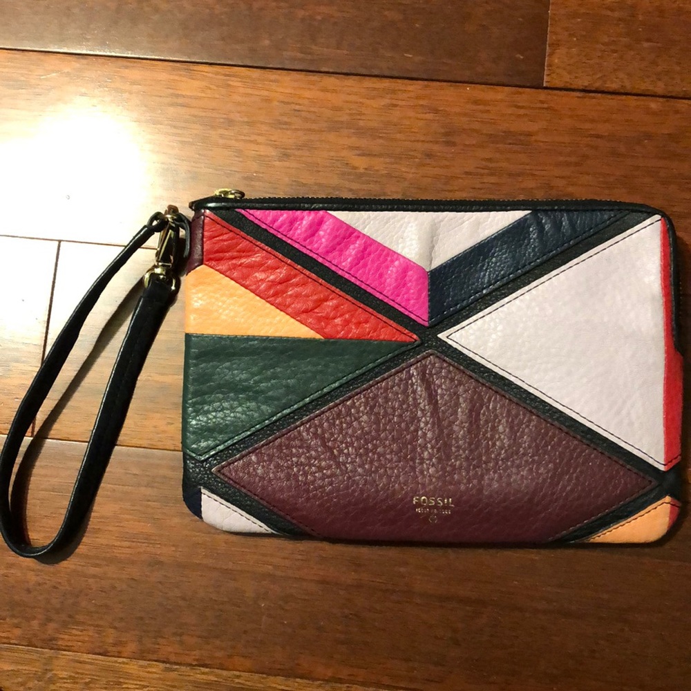 Small Fossil Wristlet clutch - patchwork leather.